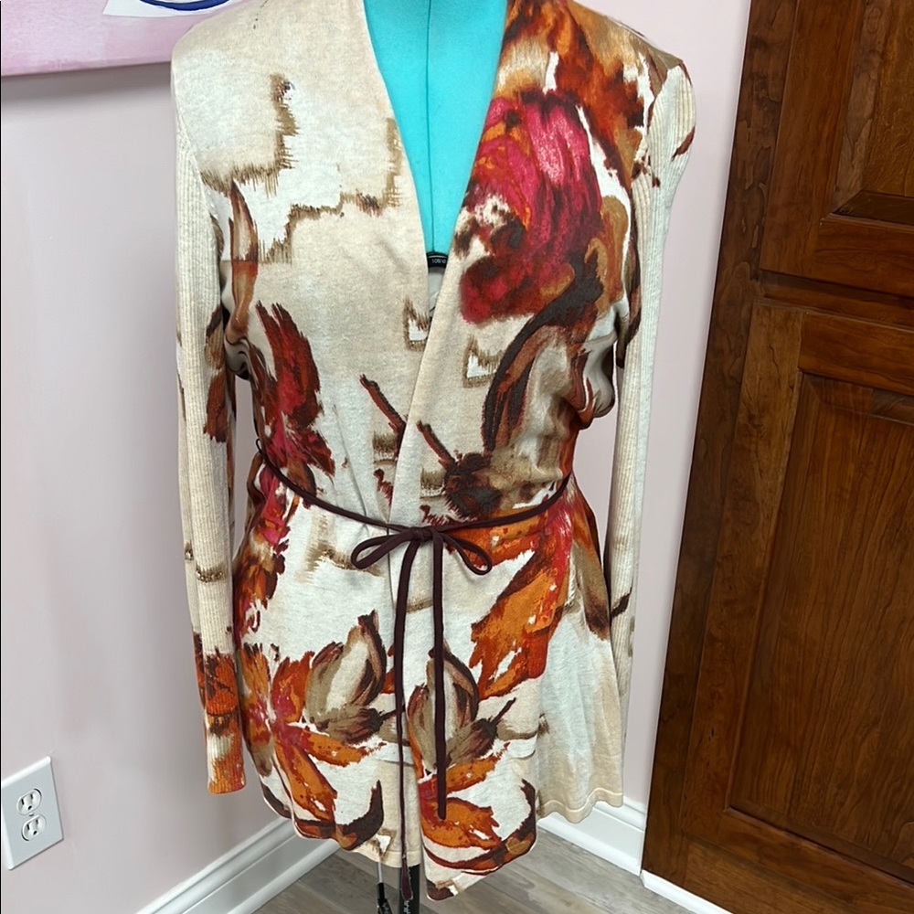 Chico's Autumn Floral Cardigan in Cream and Red